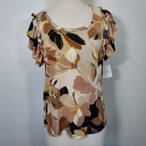 Stella + Ginger Shirt Top Ruffled Short Sleeve Stretch Floral Womens Large NWT - Picture 2 of 15